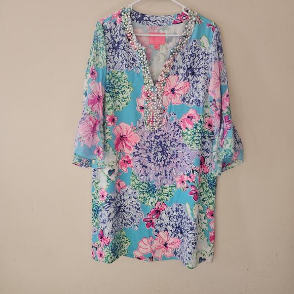 Lilly Pulitzer Elenora Silk Dress Floral Pearls Beaded Womens Size Large - Picture 1 of 13